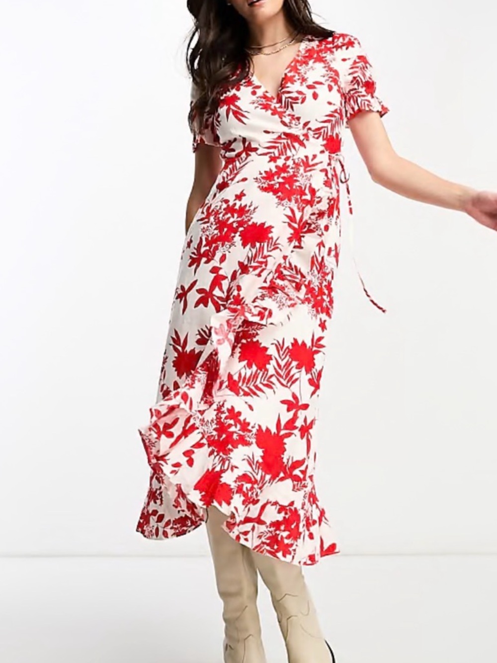 & Other Stories Linen White Midi Wrap Dress with Red Floral Print